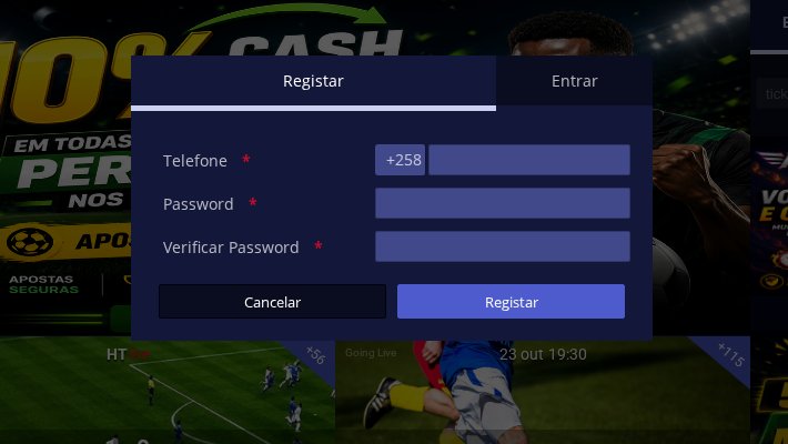 Formulário de registo da Mega Game com telefone (+258), password e verificação da password