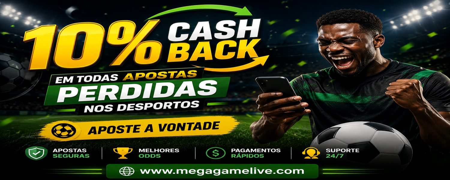 Banner da MegaGameLive a anunciar 10% de cashback em todas as apostas perdidas nos desportos