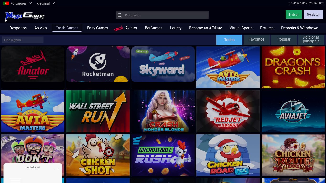 Secção de crash games da MegaGameLive com Aviator, Rocketman, Aviamasters, Chicken Road e outros jogos