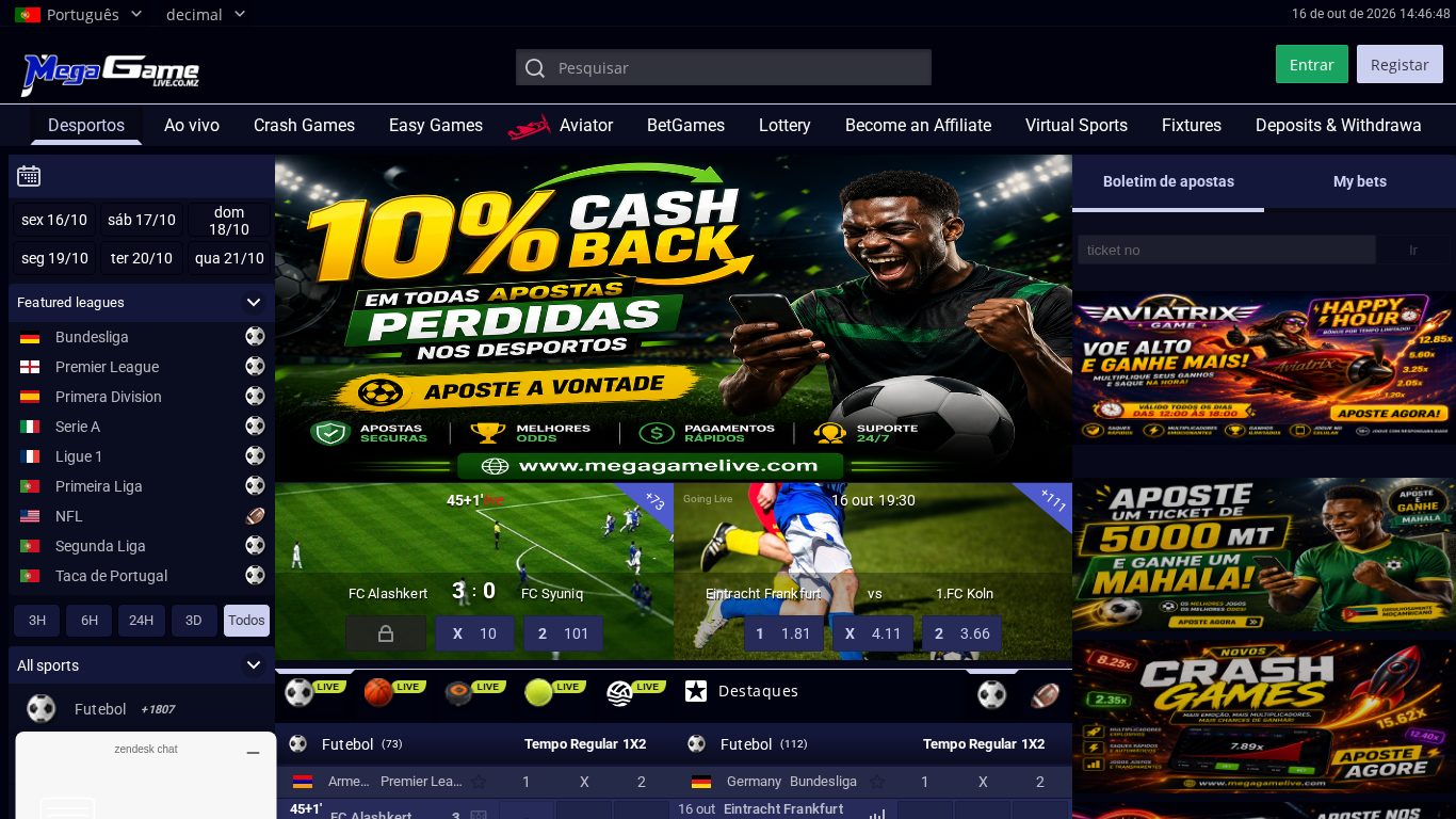 Página inicial da MegaGameLive com o banner de 10% de cashback, jogos ao vivo e o menu de desportos, crash games, Aviator, BetGames e lotarias