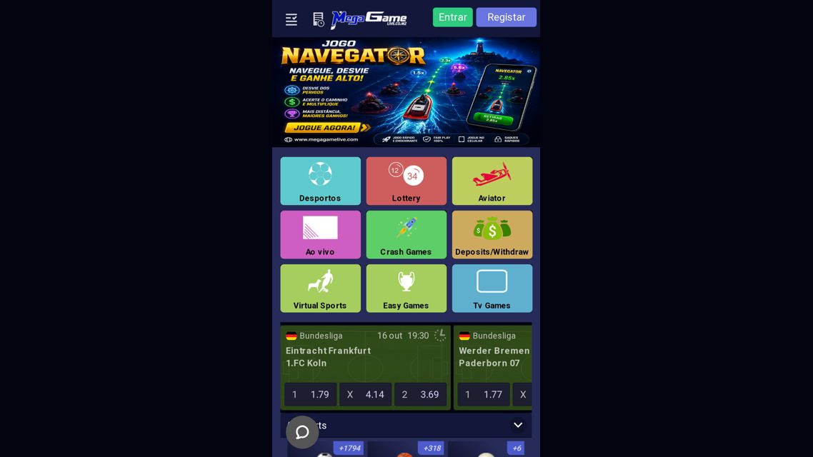 Site móvel da MegaGameLive aberto num iPhone