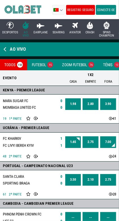 Secção Ao Vivo da OlaBet no telemóvel com 150 eventos, odds 1X2 e o botão de cash out em cada jogo