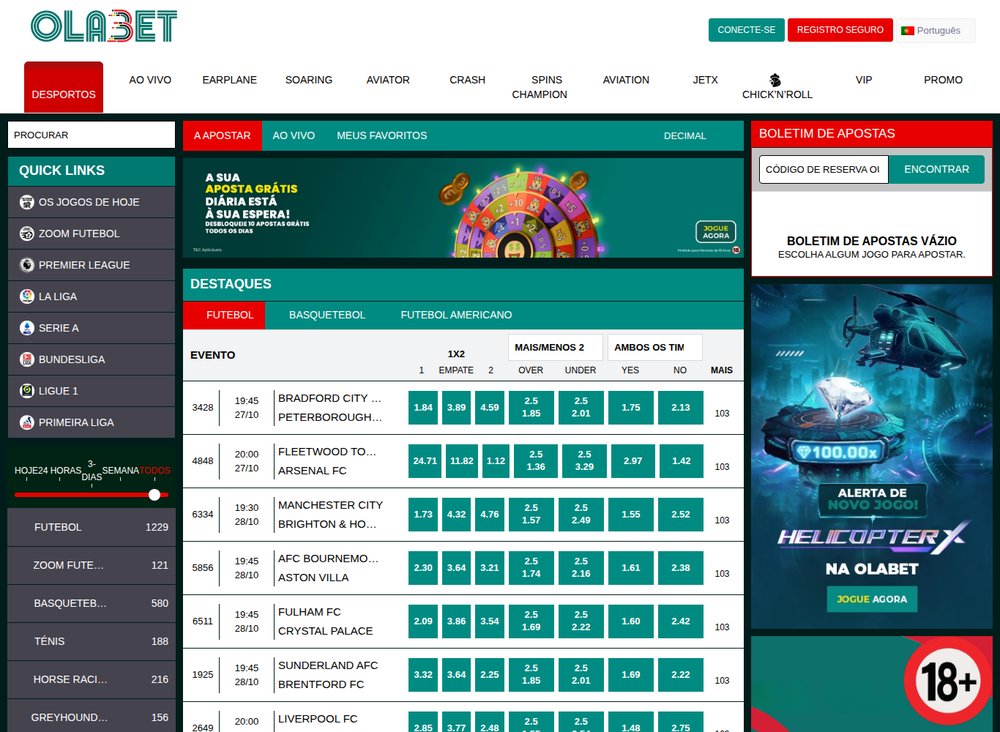 Secção de desporto da OlaBet com os destaques de futebol, odds 1X2, mais e menos de 2,5 golos e ambas marcam
