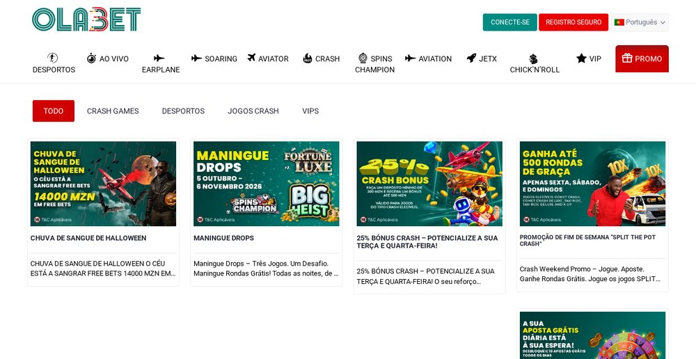 Página de promoções da OlaBet com Chuva de Sangue de Halloween, Maningue Drops, 25% Bónus Crash e Ola Mega Wheel