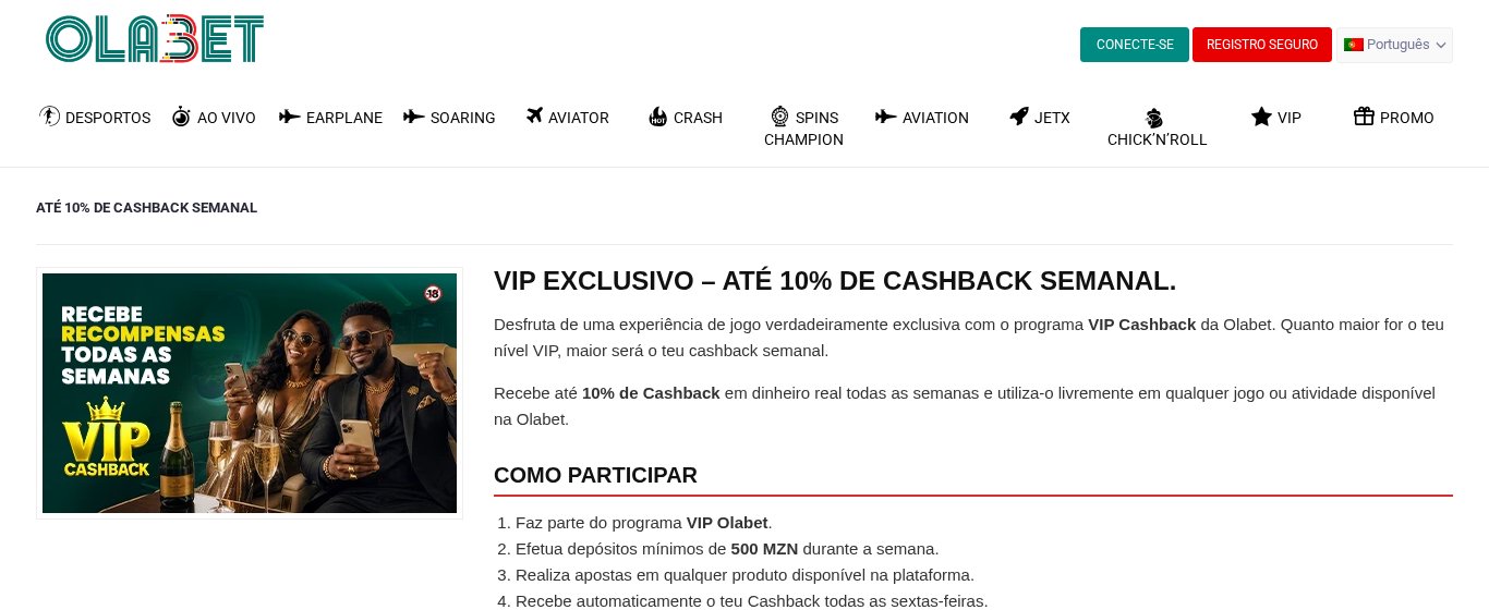 Cashback VIP semanal da OlaBet: até 10% das perdas líquidas, creditado às sextas-feiras em dinheiro real