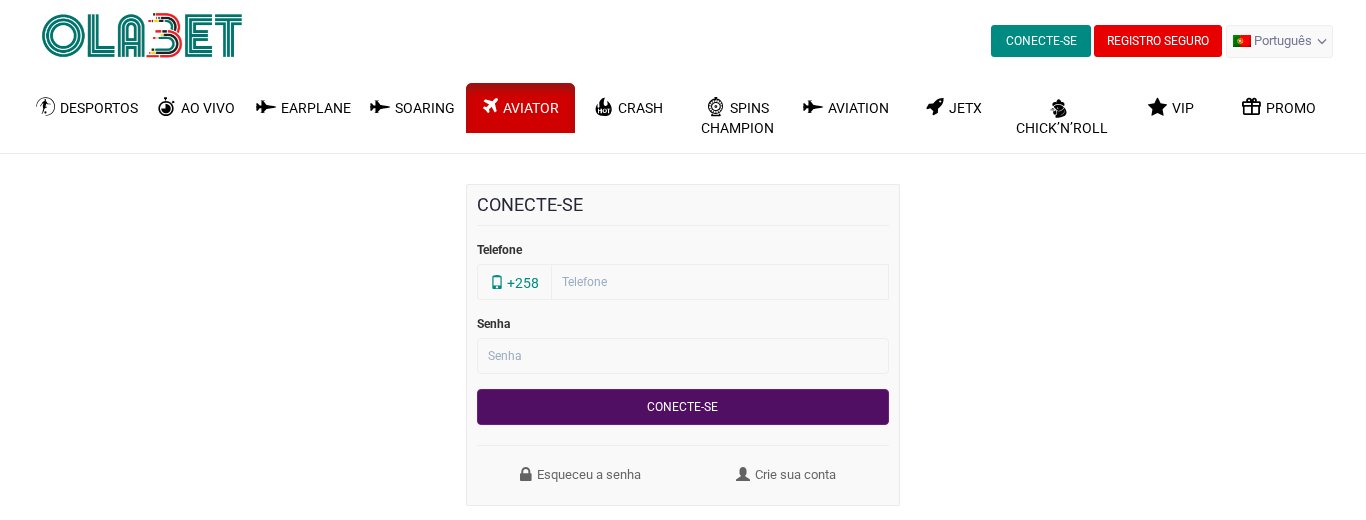 Página do Aviator na OlaBet com a caixa de login e o Aviator no menu do topo, ao lado do Earplane, do Soaring e do JetX