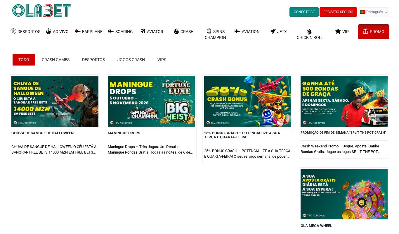 Página de promoções da OlaBet com a Chuva de Sangue de Halloween, o Maningue Drops, o 25% Bónus Crash e o Split the Pot