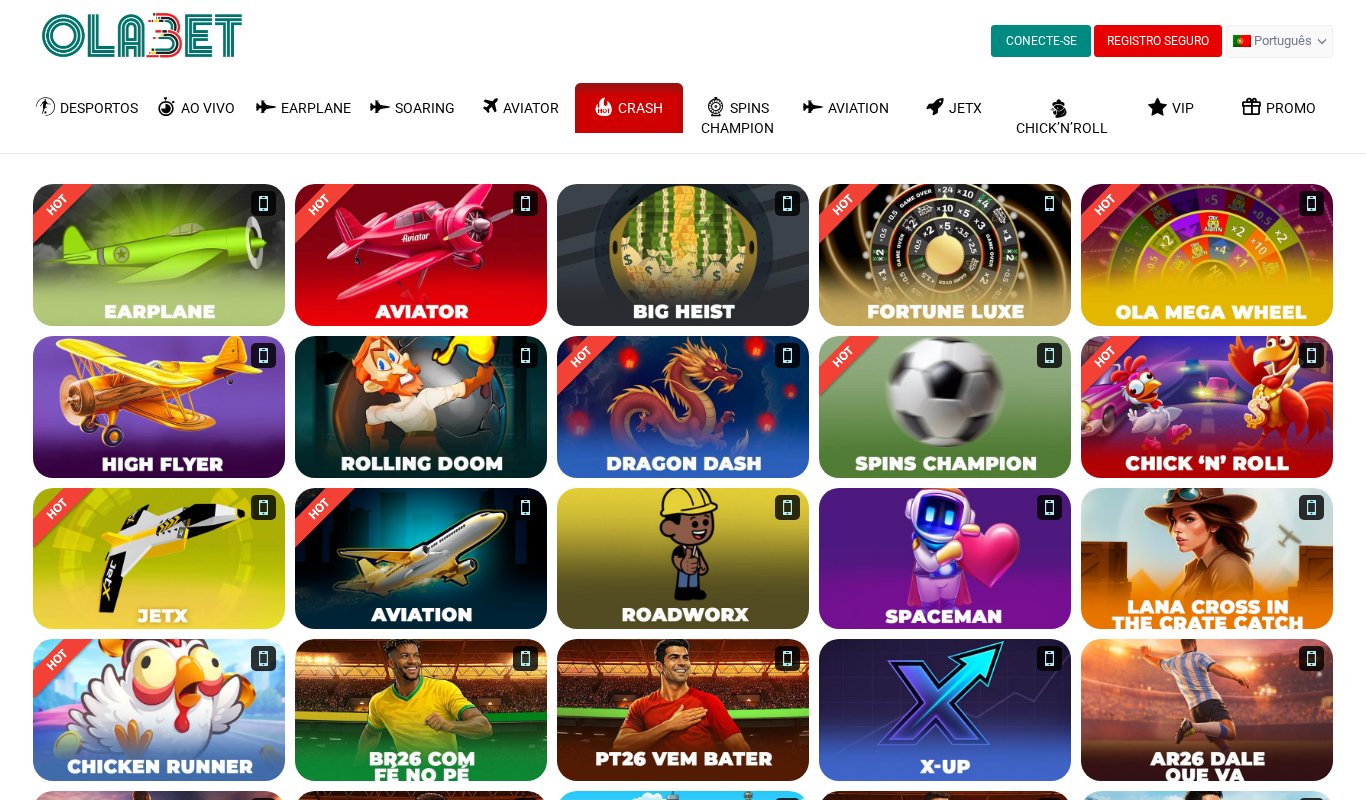 Secção Crash da OlaBet com o Earplane, o Aviator, o JetX, o Aviation, o Spaceman, o X-Up e outros jogos crash