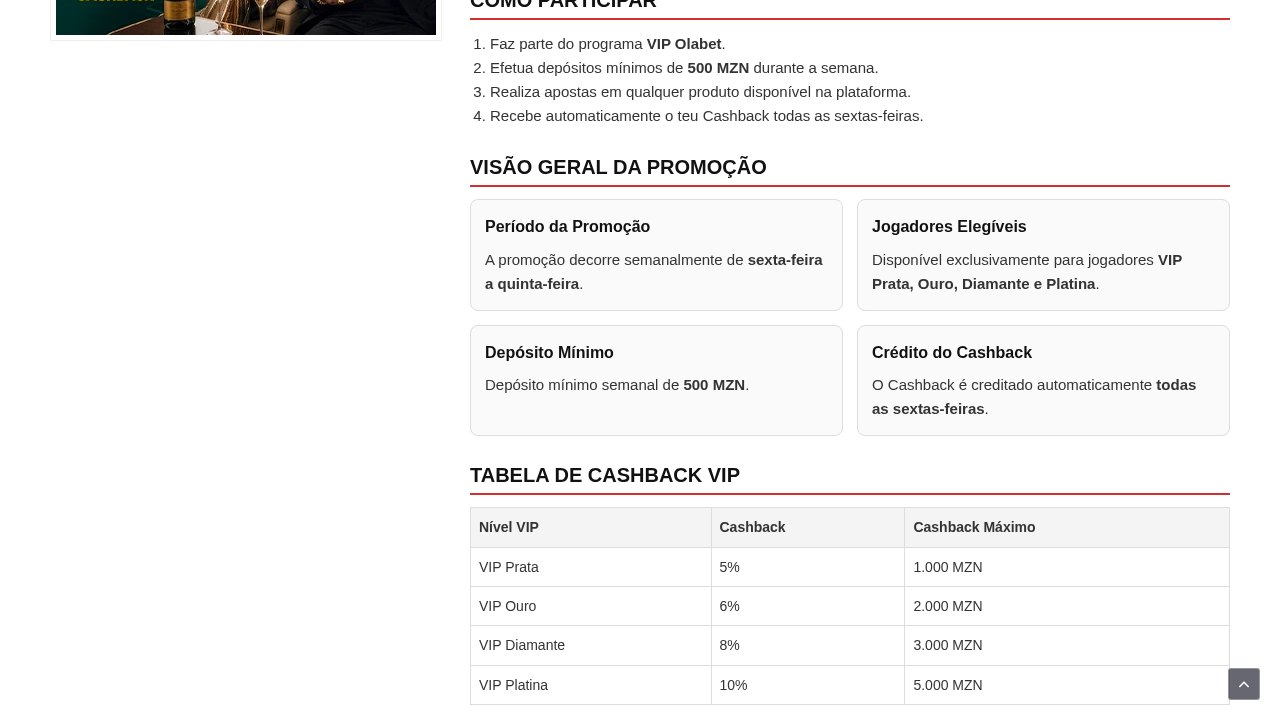 Página do cashback semanal VIP da OlaBet com a tabela: Prata 5% até 1.000 MZN, Ouro 6% até 2.000, Diamante 8% até 3.000 e Platina 10% até 5.000
