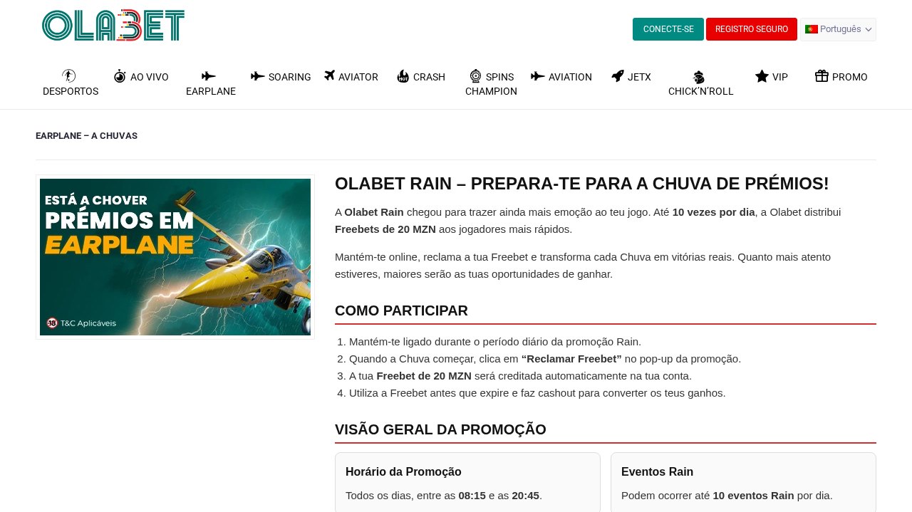 Promoção Earplane Rain da OlaBet: apostas grátis de 20 MZN até 10 vezes por dia, entre as 08:15 e as 20:45