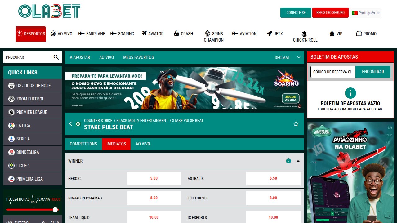 Torneio de Counter-Strike Stake Pulse Beat na OlaBet Moçambique com as odds de vencedor: Heroic, Astralis, Ninjas in Pyjamas, 100 Thieves