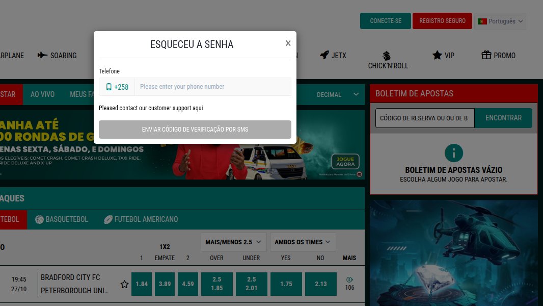 Janela Esqueceu a senha da OlaBet, com o telefone, o aviso para contactar o apoio e o botão Enviar código de verificação por SMS