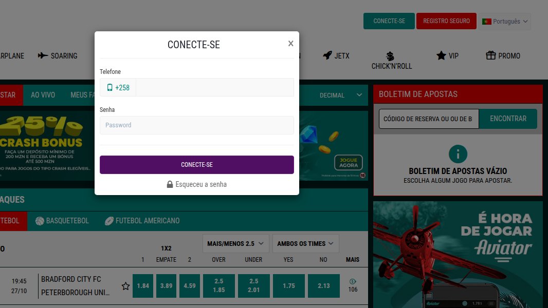 Janela Conecte-se da OlaBet Moçambique com o telefone (+258), a senha, o botão Conecte-se e a ligação Esqueceu a senha