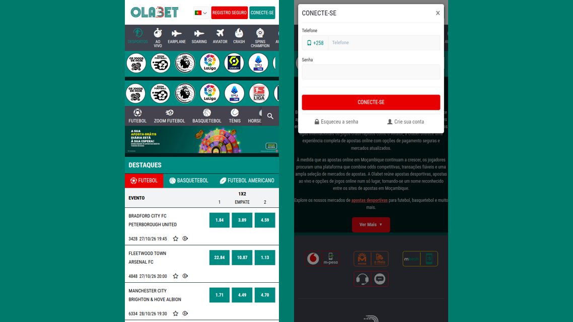 Login da OlaBet no telemóvel: a página inicial e a janela Conecte-se com telefone, senha, Esqueceu a senha e Crie sua conta