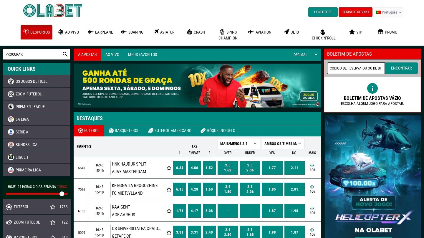 Página inicial da OlaBet Moçambique com destaques de futebol e odds
