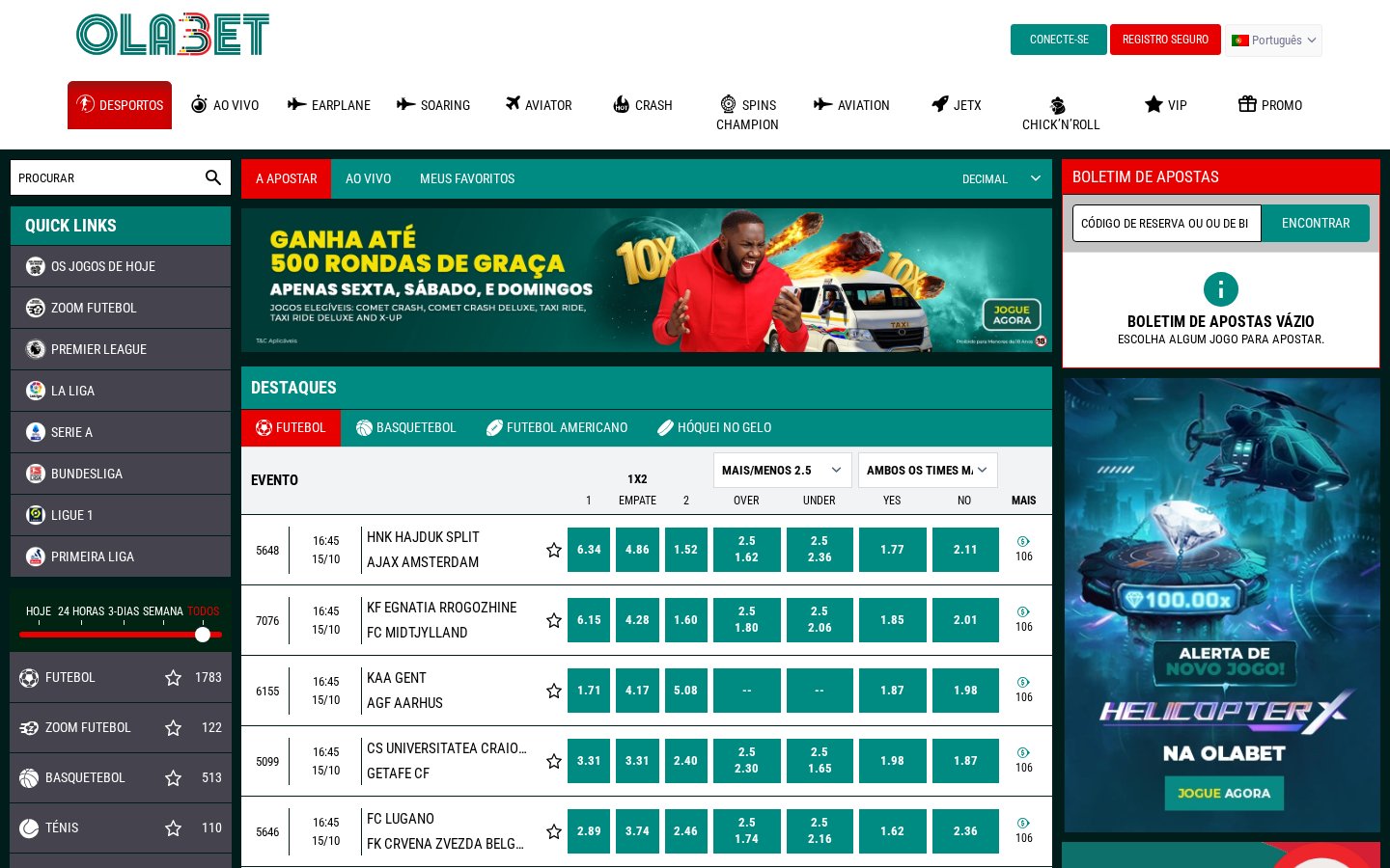 Página inicial da OlaBet Moçambique com destaques de futebol e odds