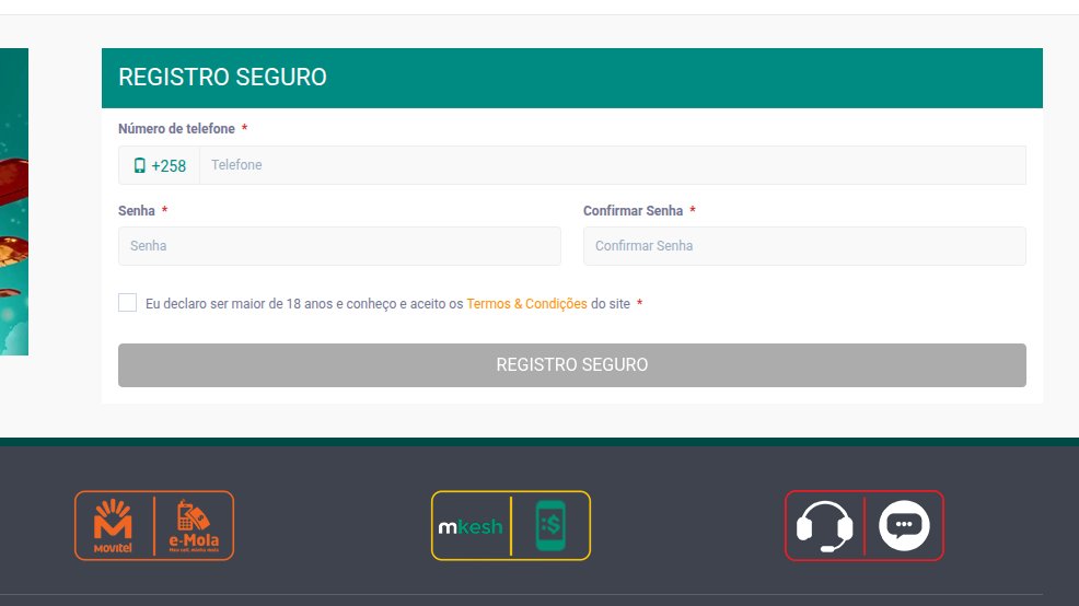 Formulário Registro Seguro da OlaBet com número de telefone (+258), senha, confirmação e declaração de maioridade