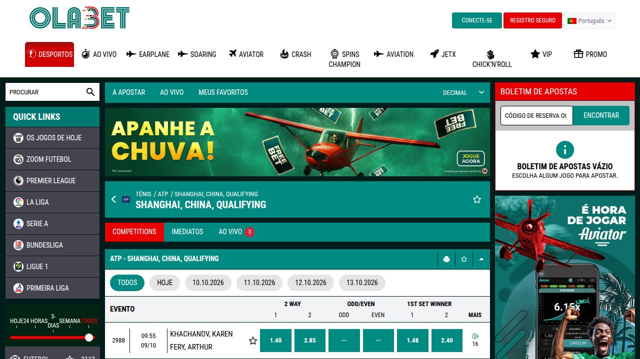 Torneio ATP de Xangai na OlaBet Moçambique com o jogo Khachanov–Fery e as odds de vencedor e de 1.º set