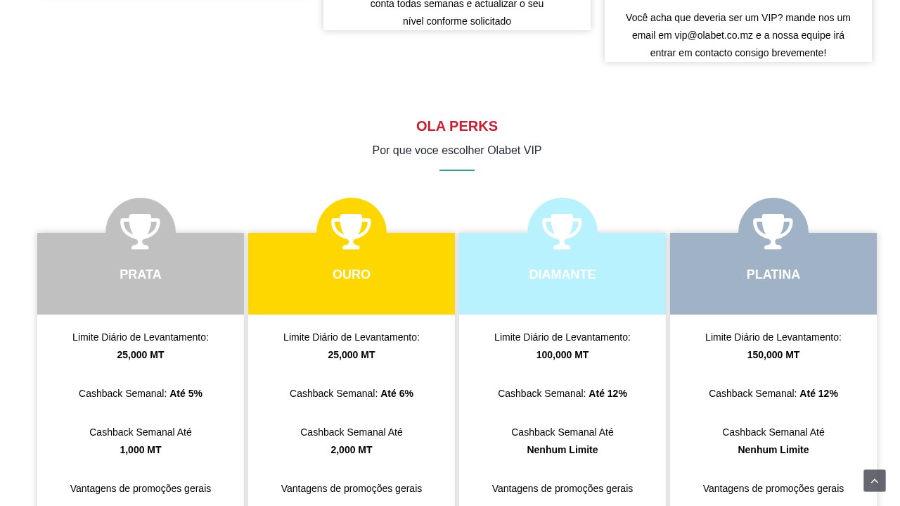 Níveis do programa VIP da OlaBet na página VIP: Prata e Ouro com cashback até 5% e 6%, Diamante e Platina até 12% sem limite
