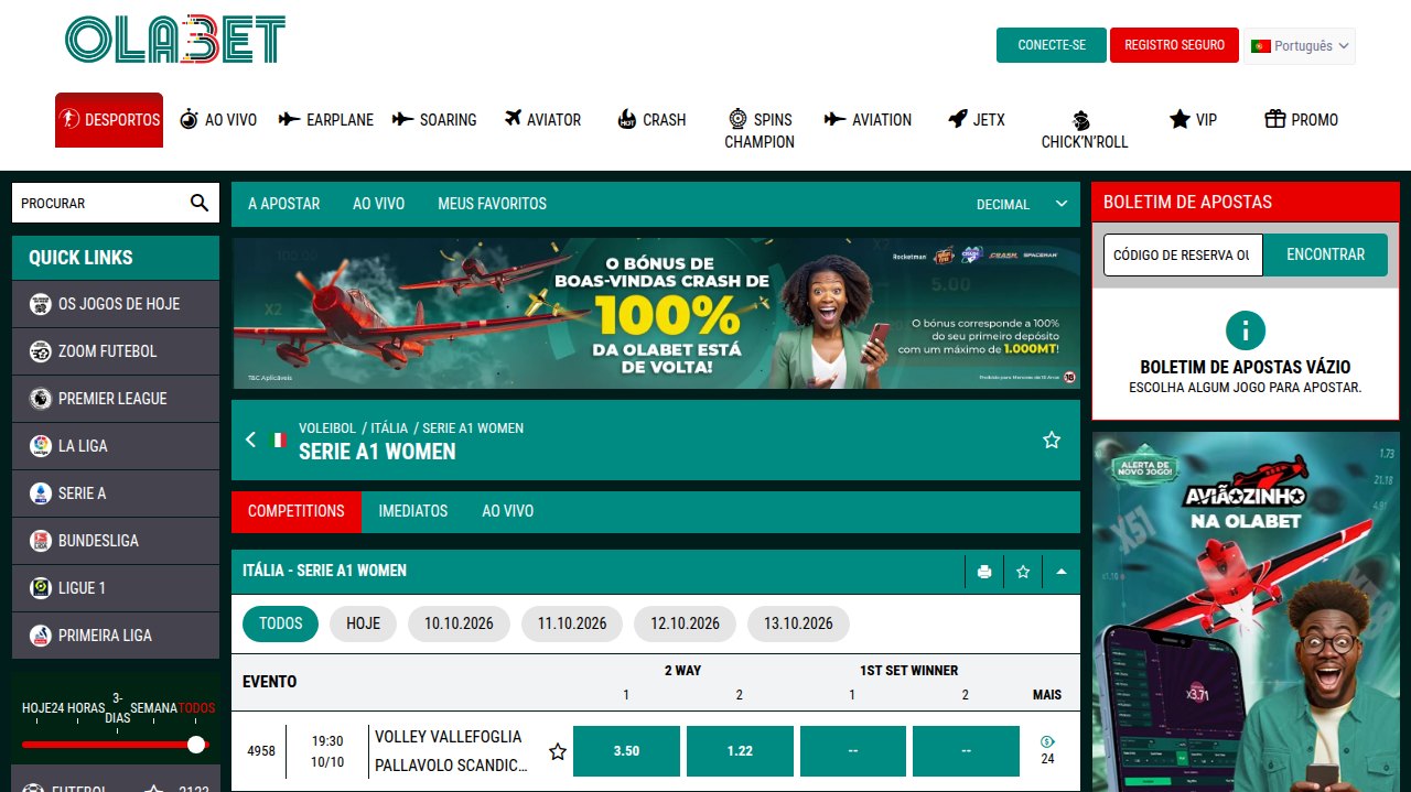 Serie A1 feminina de voleibol de Itália na OlaBet Moçambique com o vencedor e o vencedor do 1.º set