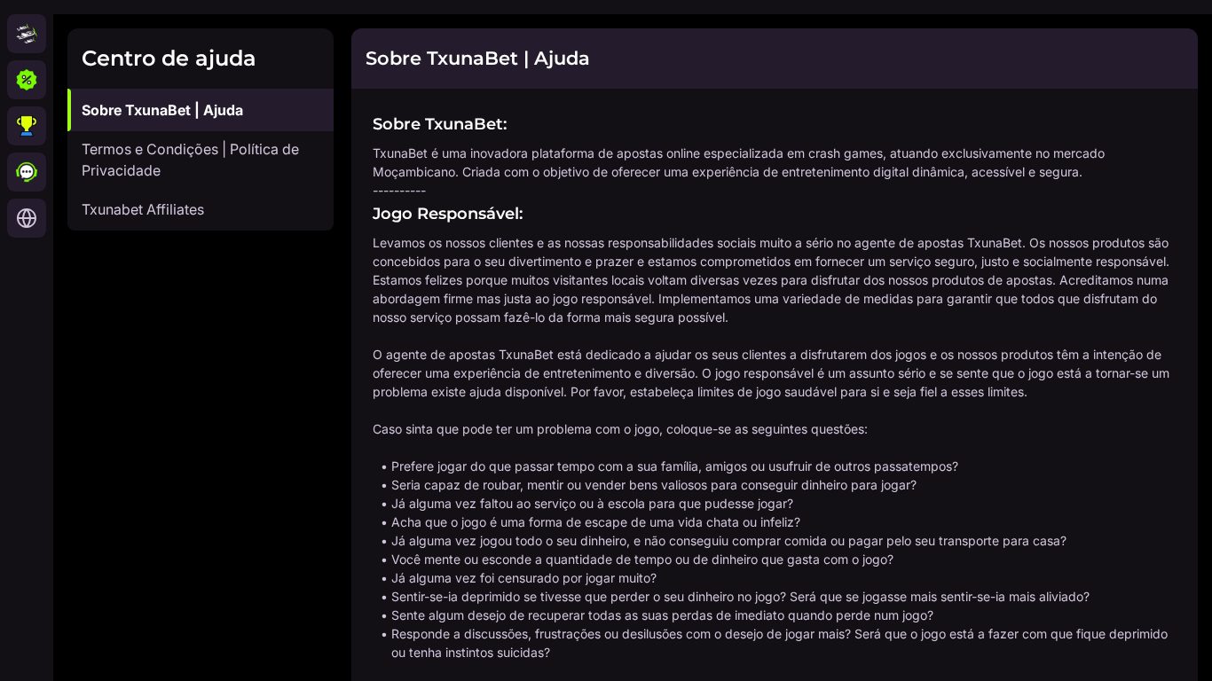 Centro de ajuda da TxunaBet com a secção Sobre TxunaBet, jogo responsável e limites de depósito