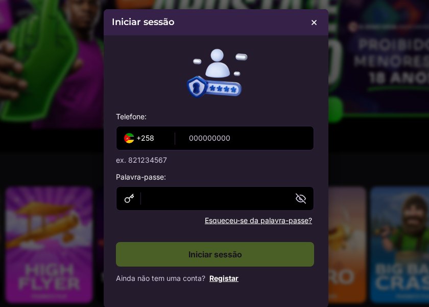 Janela Iniciar sessão da TxunaBet com telefone +258 (ex. 821234567), palavra-passe e Esqueceu-se da palavra-passe?
