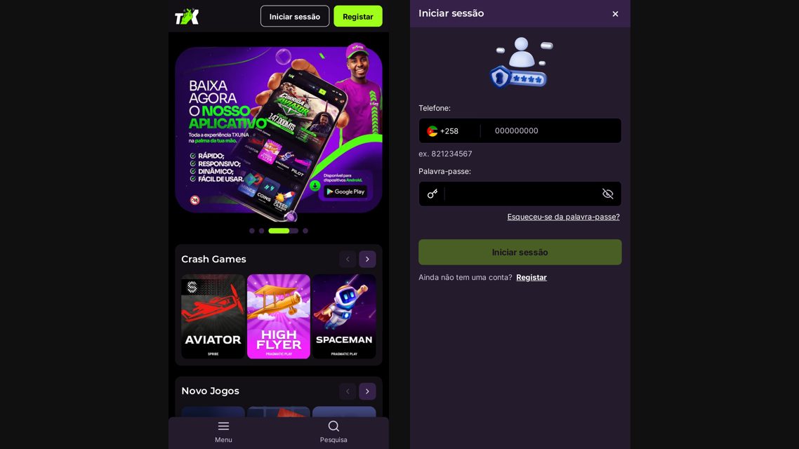 Login da TxunaBet no telemóvel: a página inicial com Iniciar sessão e Registar, e o ecrã Iniciar sessão