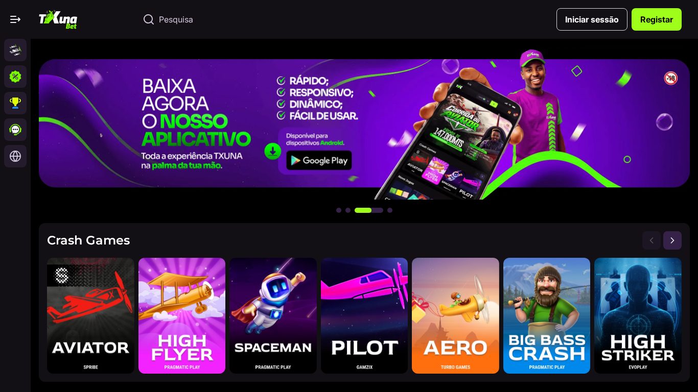 Página inicial da TxunaBet Moçambique com a secção Crash Games: Aviator, High Flyer, Spaceman, Pilot, Aero, Big Bass Crash e High Striker