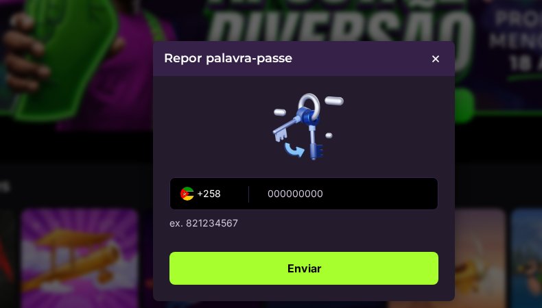 Janela Repor palavra-passe da TxunaBet: número de telefone +258 e botão Enviar
