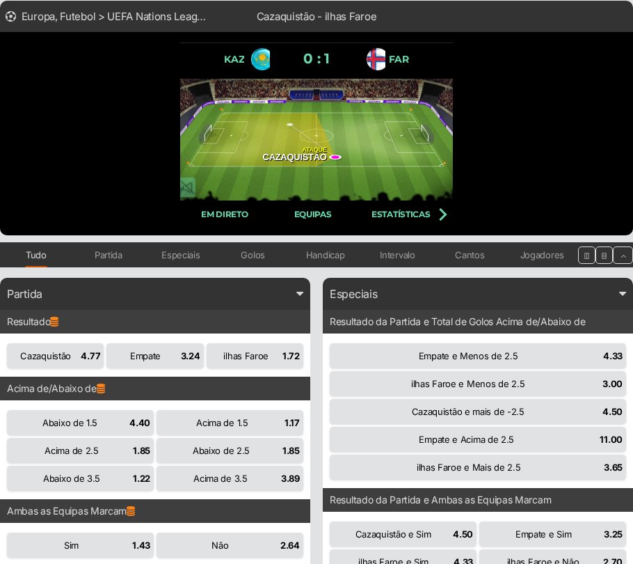 Jogo ao vivo na 888bets com o tracker animado do jogo, o resultado e os mercados em directo