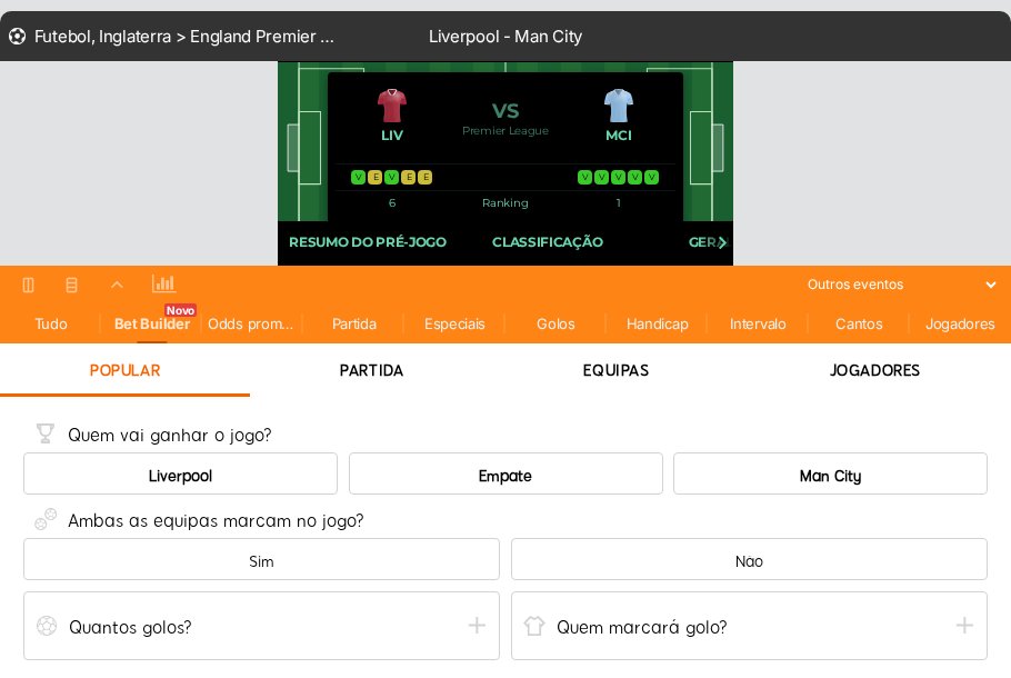 Bet Builder da 888bets no jogo Liverpool contra Manchester City, com perguntas guiadas sobre vencedor, golos e marcadores