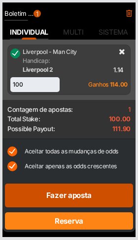 Boletim da 888bets com 100 MT no handicap Liverpool +2 à odd 1.14, ganhos de 114 MT e pagamento possível de 111,90 MT