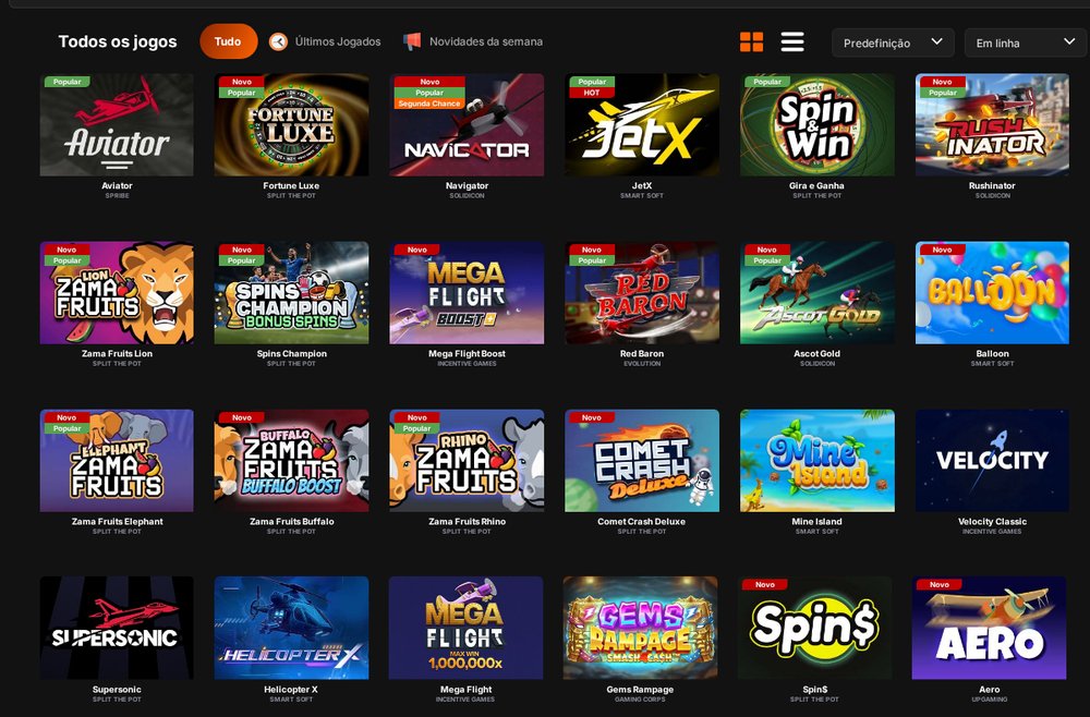 Secção de jogos da 888bets com 85 jogos, Aviator da Spribe em primeiro lugar, JetX, Navigator e categorias de crash games