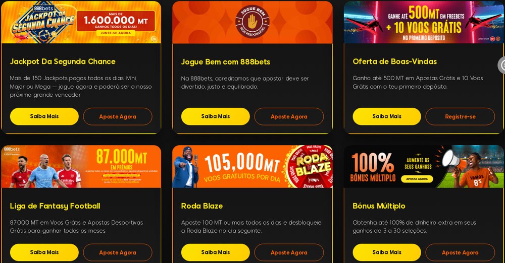 Página de promoções da 888bets com Jackpot da Segunda Chance, oferta de boas-vindas, Fantasy Football, Roda Blaze e Bónus Múltiplo