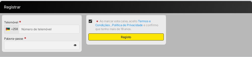 Formulário de registo da 888bets com telemóvel +258, palavra-passe e confirmação de maioridade