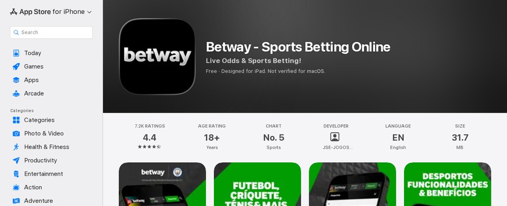 Ficha da aplicação Betway na App Store de Moçambique, com o programador JSE-Jogos Sociais e Entretenimento, classificação etária e tamanho do ficheiro