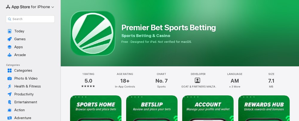 Ficha da aplicação Premier Bet Sports Betting na App Store de Moçambique, publicada pela Goat & Partners Malta