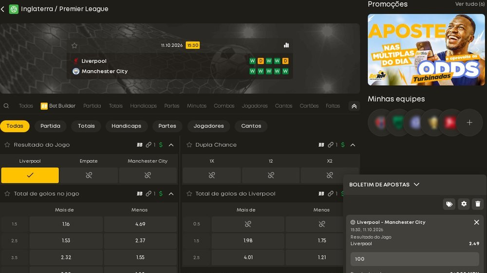 Página de um jogo de futebol na Betyetu com os separadores de mercados