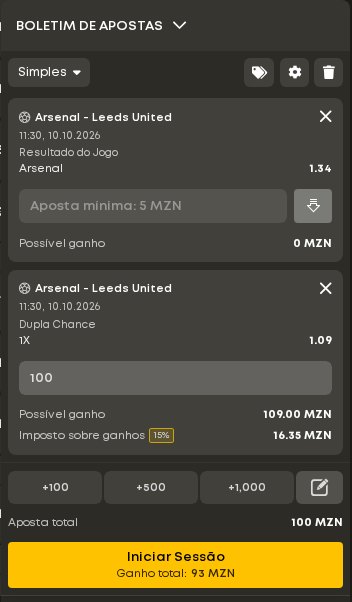 Boletim de apostas da Betyetu com duas selecções do Arsenal contra o Leeds, aposta mínima de 5 MZN, botões de valor rápido e imposto de 15% calculado