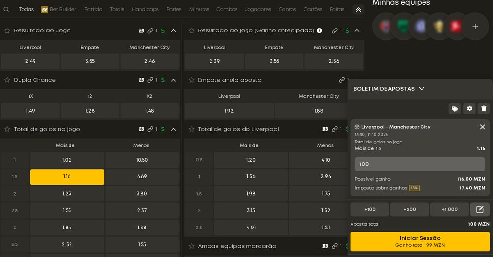 Boletim da Betyetu com 100 MT à odd 1.16, imposto sobre ganhos de 15% de 17,40 MT e ganho total de 99 MT