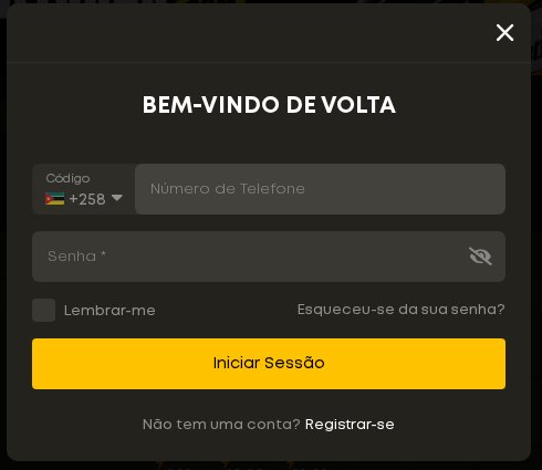 Janela de início de sessão da Betyetu com indicativo +258, número de telefone, senha e a ligação Esqueceu-se da sua senha
