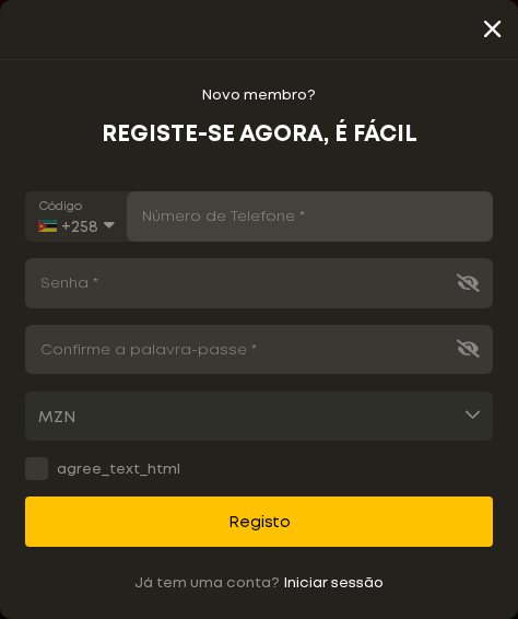 Formulário de registo da Betyetu com indicativo +258, número de telefone, palavra-passe e moeda MZN