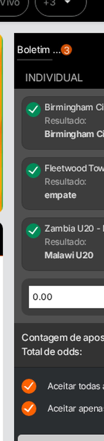 Boletim de apostas de uma casa moçambicana com três selecções e o separador Multi activo, a mostrar o total de odds combinado