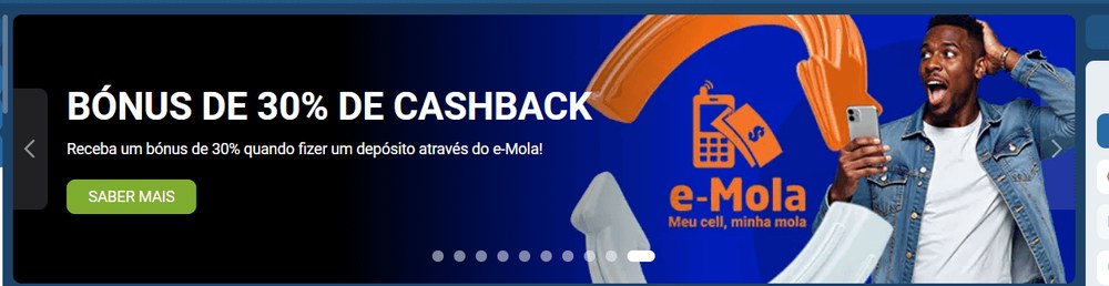 Banner da 1xBet Moçambique a anunciar um bónus de 30% de cashback em depósitos feitos por e-Mola