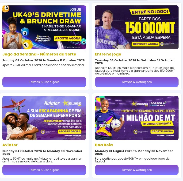 Página de promoções da HollywoodBets Moçambique