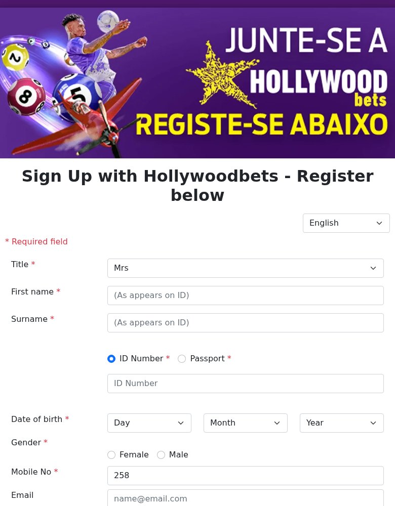 Formulário de registo da HollywoodBets Moçambique com título, nome, apelido, número de BI ou passaporte, data de nascimento e telemóvel