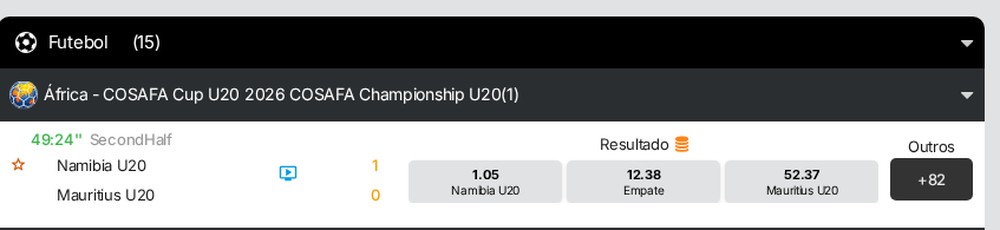 Jogo de futebol ao vivo num boletim moçambicano, aos 49 minutos e com o resultado 1-0, mostrando as três odds do momento e o número de mercados adicionais