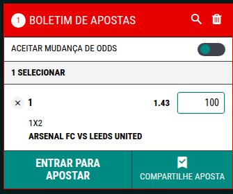 Boletim de apostas da OlaBet com uma selecção do Arsenal à odd 1.43, valor de 100 MT e botão Entrar para Apostar