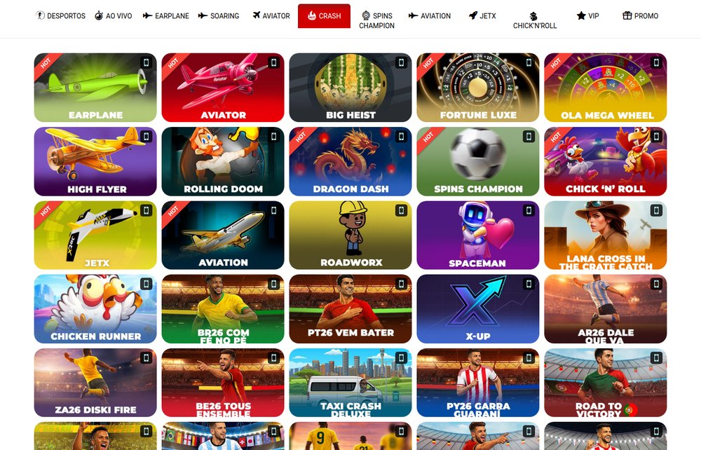 Secção de jogos crash da OlaBet com Earplane, Aviator, Big Heist, Fortune Luxe, JetX, Aviation, Spaceman e Chicken Runner