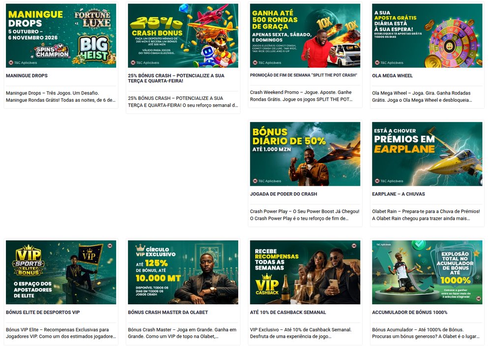 Página de promoções da OlaBet com Maningue Drops, bónus de crash, Ola Mega Wheel, Earplane Chuva, bónus VIP e Bónus Acumulador 1000%